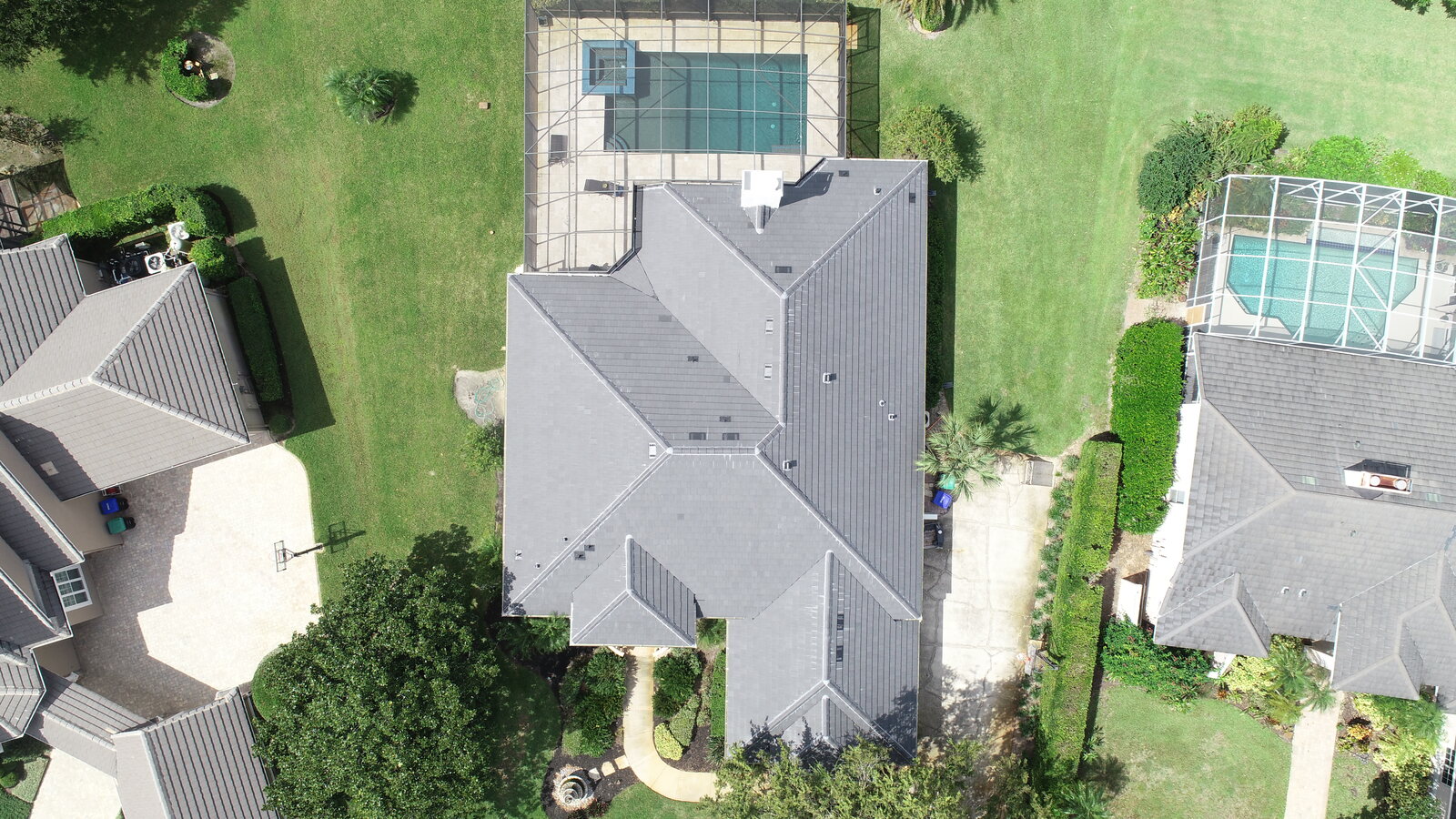 Aerial view of the completed new roof in Windermere, FL